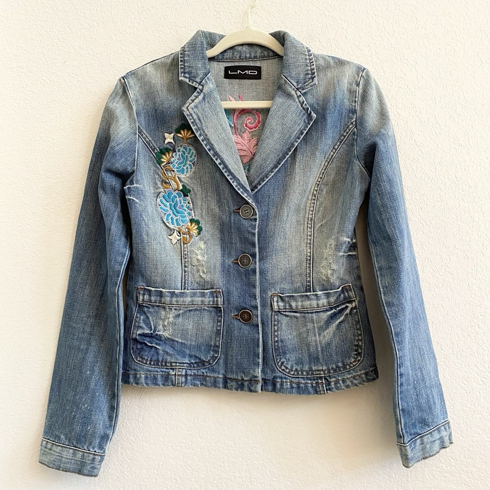 LMD Embroidered Denim Jacket  Floral Design 100% Cotton Pockets‎ Boho Distressed